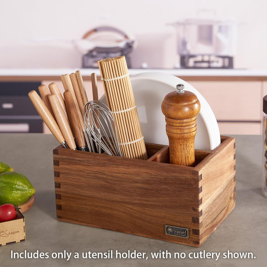 Acacia Wood Utensil Holder, Paper Plate Dispenser Organizer for Countertop - 4 Compartment Silverware Caddy for Friendsgiving Party - Cutlery Holder for Cup, Fork, Spoon, Kitchen, Camping