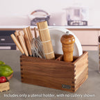 Acacia Wood Utensil Holder, Paper Plate Dispenser Organizer for Countertop - 4 Compartment Silverware Caddy for Friendsgiving Party - Cutlery Holder for Cup, Fork, Spoon, Kitchen, Camping