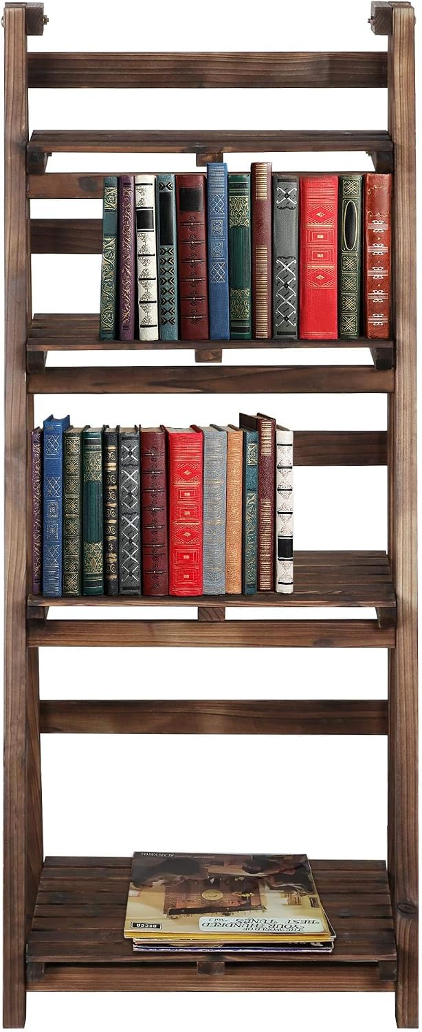 Yaheetech 4-Tier Foldable Shelf, Wood Ladder Shelf for Living Room Storage | Collapsible Wood Ladder Stand with Decorative Wall-Leaning Folding Shelves for Living Room, Bedroom, Balcony and Home Office.