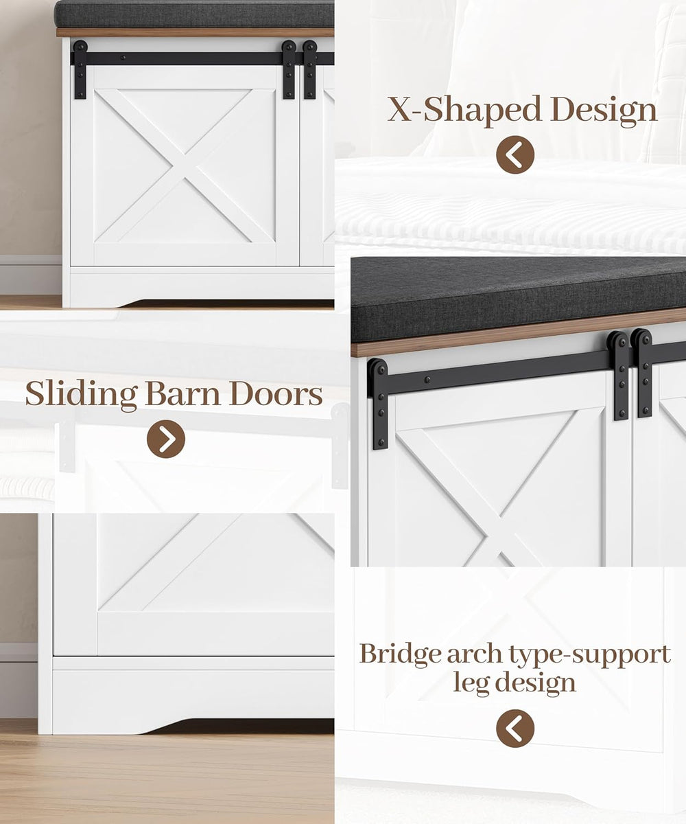 Farmhouse Storage Bench with Cushion, 47.2" Shoe Bench with Slide Barn D...
