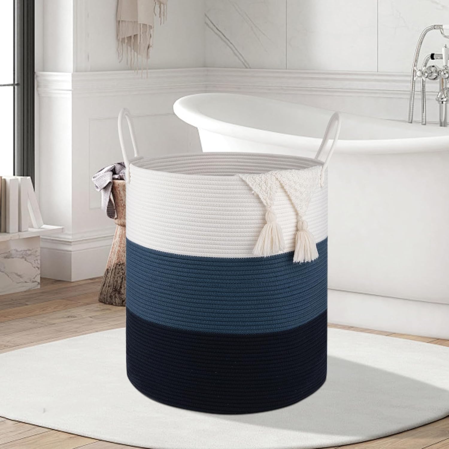 OIAHOMY 100L Laundry Hamper, Dirty Clothes Hamper for Bedroom, Collapsible Laundry Basket, Large Blanket Basket, Nursery Hamper with Handle, Blanket Storage for Living Room-18.5x21inches-Gradient Blue