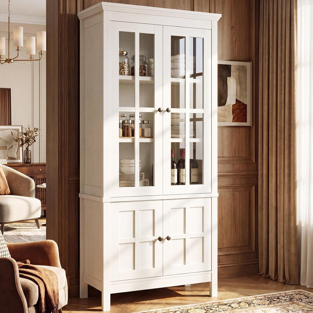 63" Kitchen Pantry Cabinet with Glass Doors & Hidden Storage, Farmho...