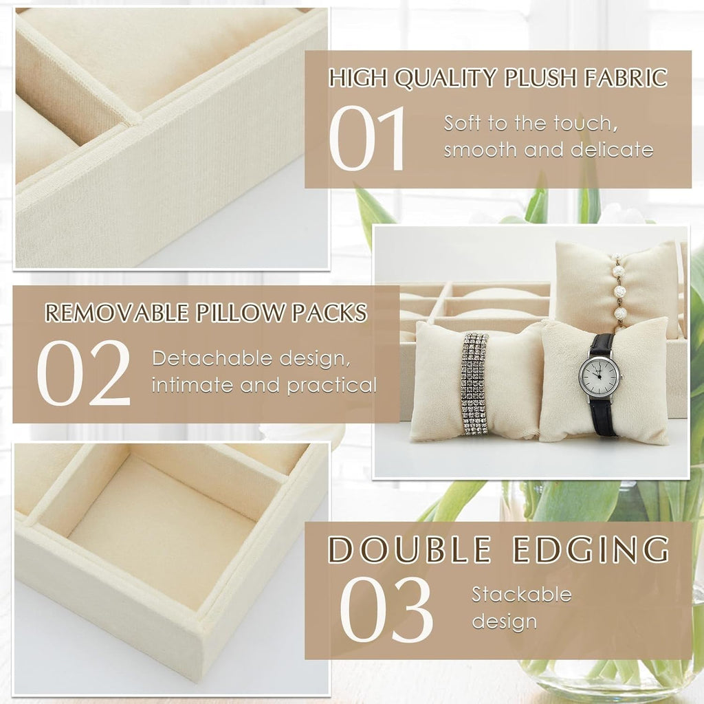 Henoyso 2 Pieces 12 Grid Velvet Watch Tray Jewelry Organizer Stackable Watch Bracelet Bangle Display Holder Adjustable Pillow(Beige)