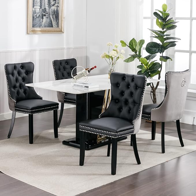 Modern Dining Chairs Set of 2, Tufted Upholstered Dining Chair with Solid Wood Legs, Velvet and Leather Dining Chairs, Sillas de Comedor, Comfy Kitchen Chair (Black+Gray, 2Pcs)
