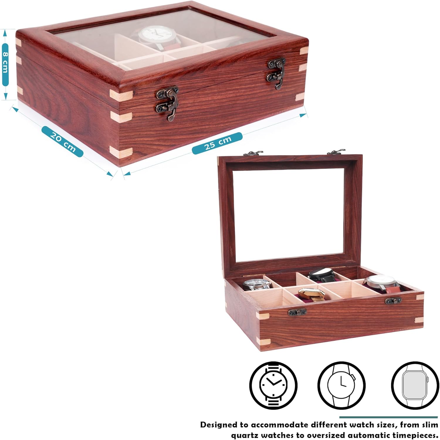 Wooden Watch Box for Men & Women, Watch Organizer & Display Case, Premium Long-Lasting Watch Holder for Storage, Elegant Gift for Watch Collectors (Glass Top, 8 Slots)
