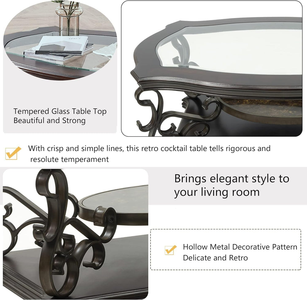 Henf 3 Piece Living Room Table Set, Retro Brown Coffee Table with 2 End Table...