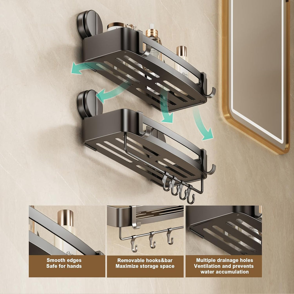 VOLPONE Shower Caddy Suction Cup, 1 Pack Corner Shower Shelves No Drilling, Showers Organizer Storage with Towel Bar & Removable Hooks, Bathroom Shower Shelf Rack for Inside Showers, Square