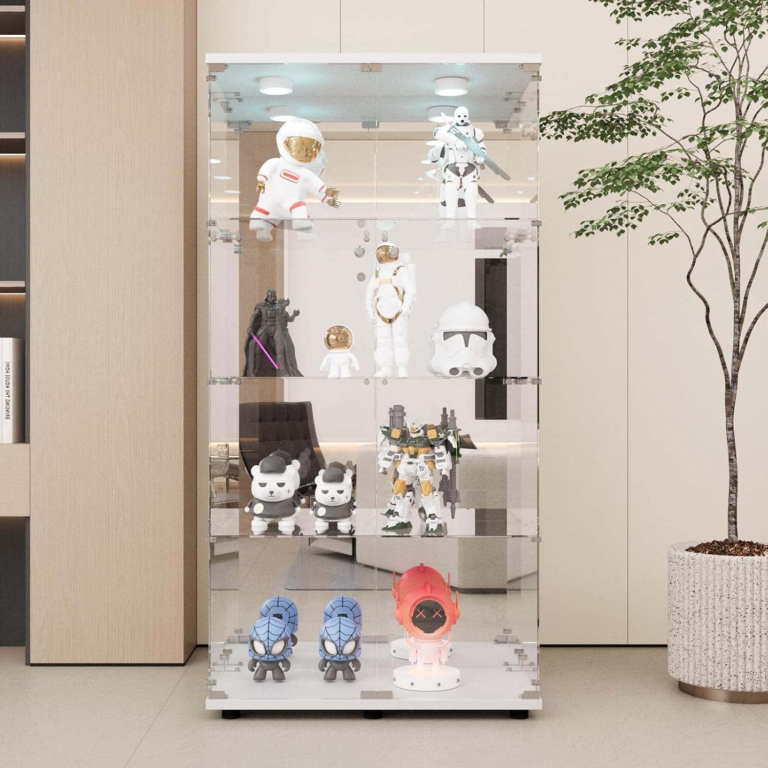 Beauty4U Glass Display Cabinet with LED Light and Mirror, 4 Shelves with 2 Doors, Curio Cabinets for Living Room, Bedroom, Office, White Floor Standing Glass Bookshelf, Quick Installation