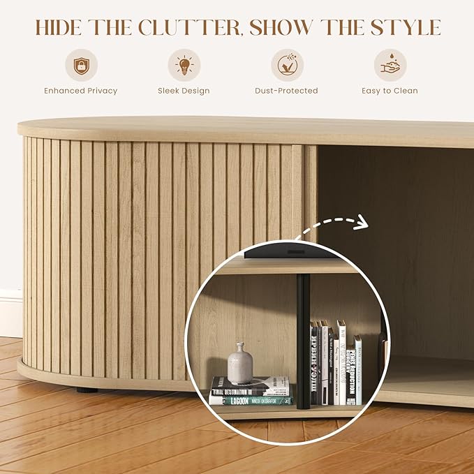 Fluted TV Stand with Storage Cabinet, 59″ Media Console with Sliding Tambour Door, Mid Century Modern Entertainment Center for Living Room, Oval Light Wood TV Stand for Bedroom (Oak)