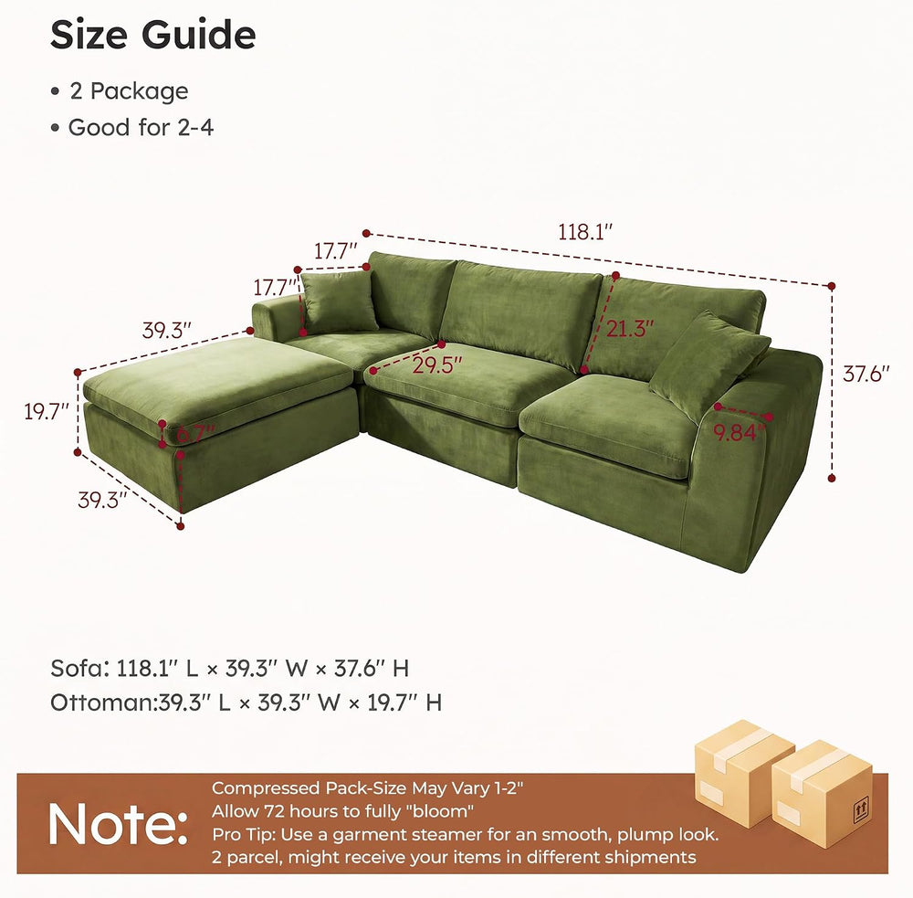 119" Modular Sectional Cloud Sofa, No Assembly Boneless Couch with Ottoman