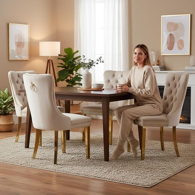 Mid Century Modern Dining Chairs Set of 4, Beige Velvet Upholstered Tufted Back, Kitchen & Dining Room Chairs, Gold Metal Legs, Nailhead Trim, Sillas para Comedor (Beige, 4 Pcs)