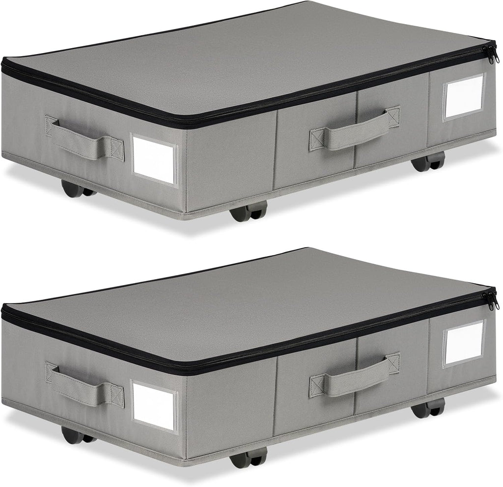 Under Bed Storage with Wheels, 2 Pack Under Bed Storage Containers with Label Holders for Clothes, Shoes and Blankets, Rolling Underbed Shoe Organizer with Cover, Grey (23.6 x 15.7 x 7.28 in)