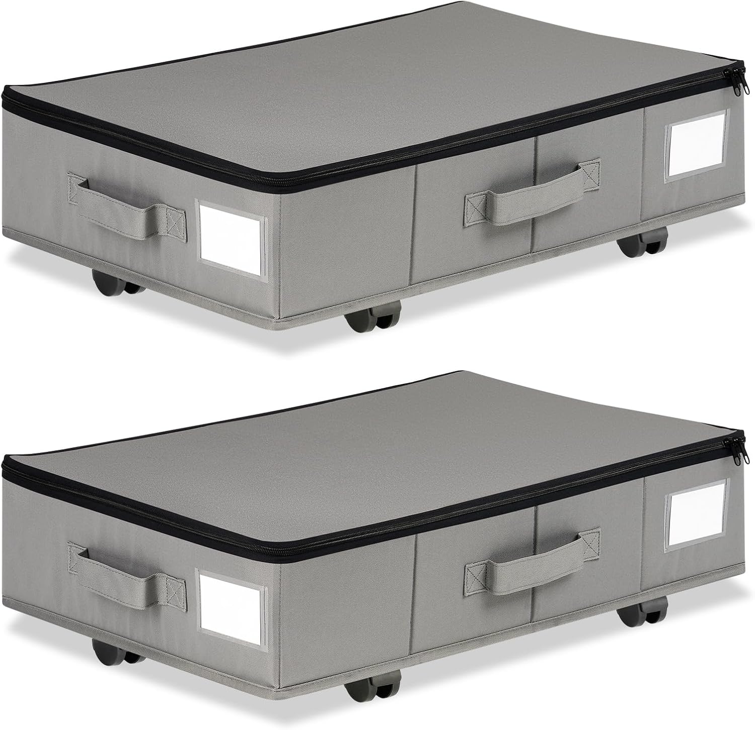 Under Bed Storage with Wheels, 2 Pack Under Bed Storage Containers with Label Holders for Clothes, Shoes and Blankets, Rolling Underbed Shoe Organizer with Cover, Grey (23.6 x 15.7 x 7.28 in)