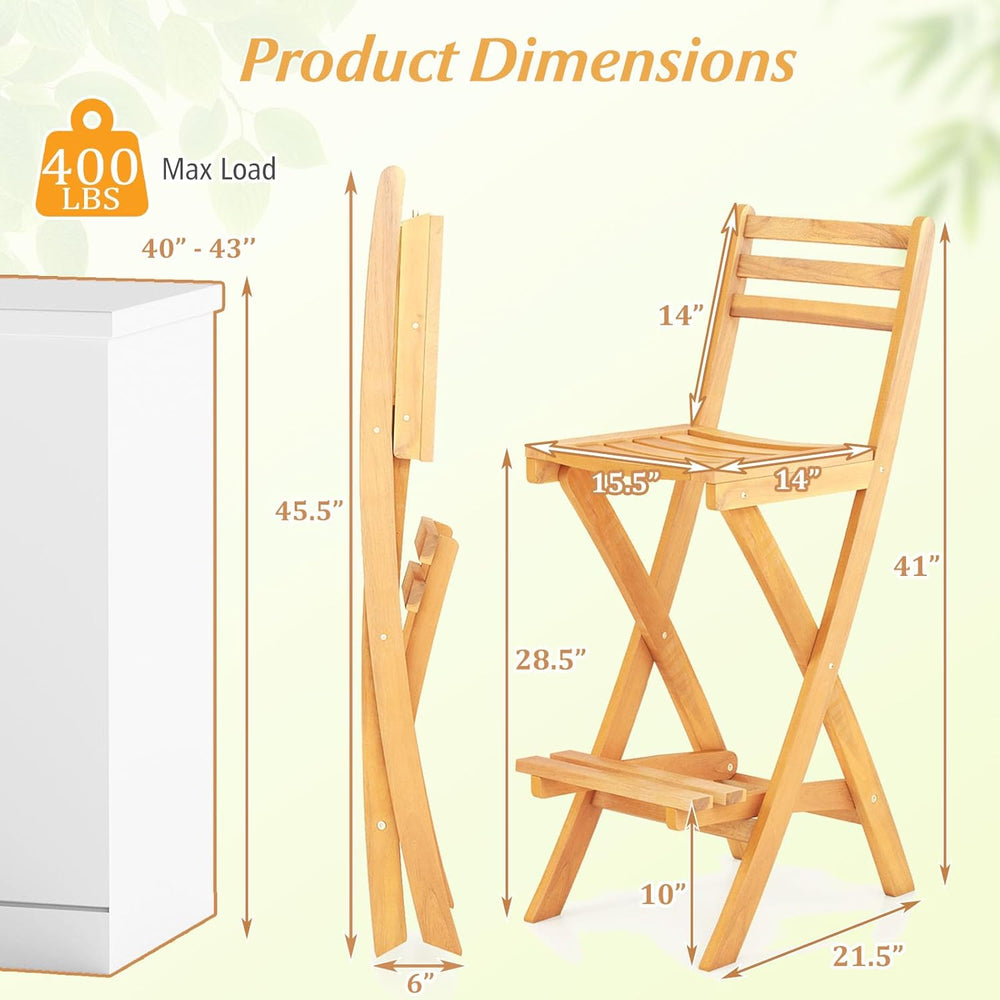 COSTWAY Outdoor Folding Bar Stool, Acacia Wood High Top Chairs with Slatted B...