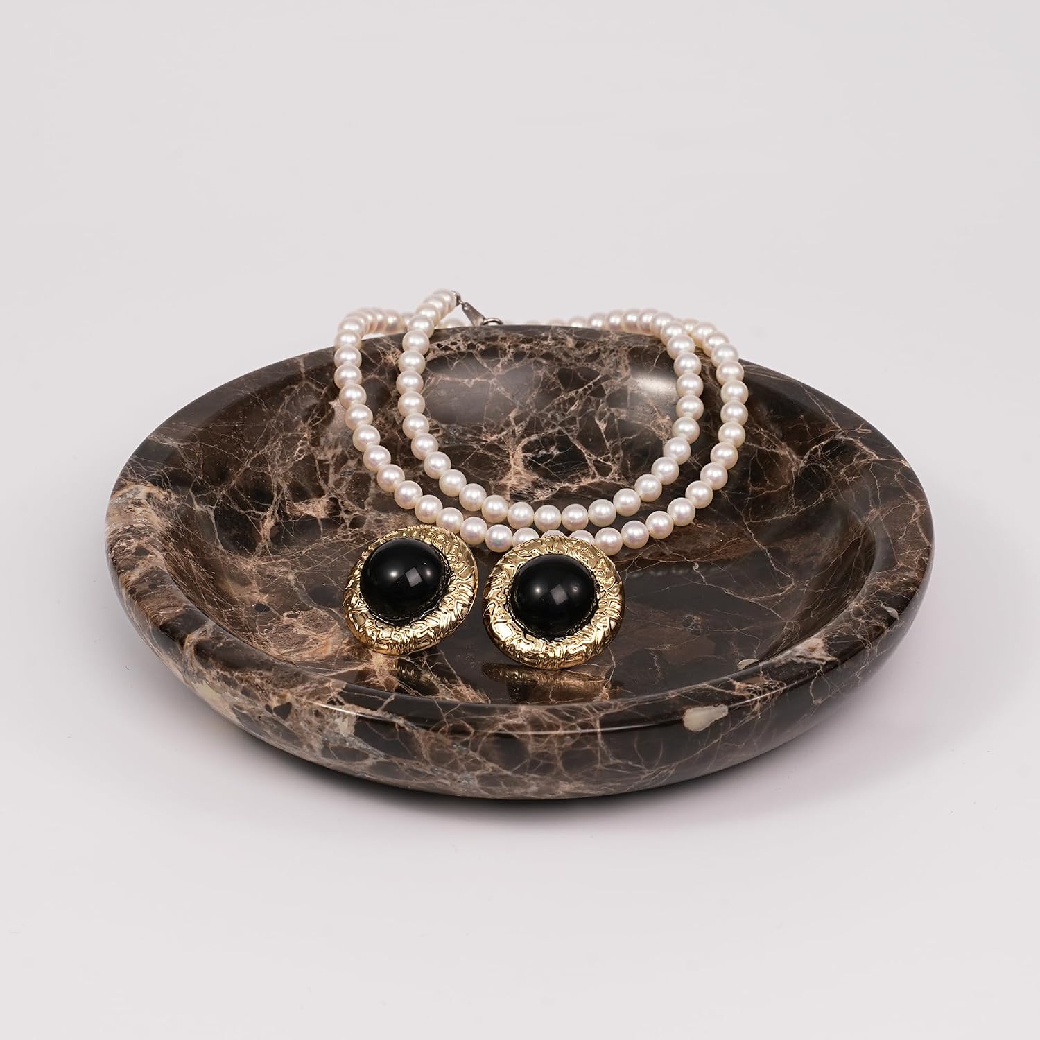 Brown Marble Jewelry Tray - Stone Trinket Ring Key Purse Holder Dish, Small Cute Round Plate Decorative Bowl for Nightstand Entryway Coffee Table Decor (5.5 inch)