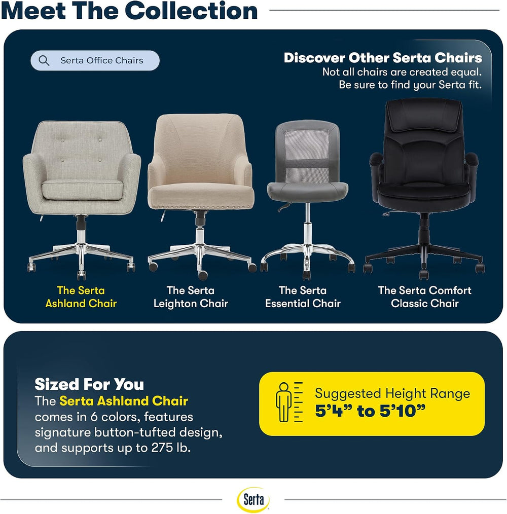 Serta Ashland Home Office Desk Chair with Button Tufted Mid-Back, Memory Foam...