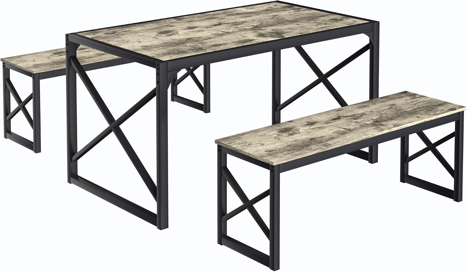 VECELO Kitchen Dining Table Benches Set for 4/6, 55" Wooden Dinette with 2 Benches, Large Embedded Desktop for Small Space, Breakfast Nook, Grey