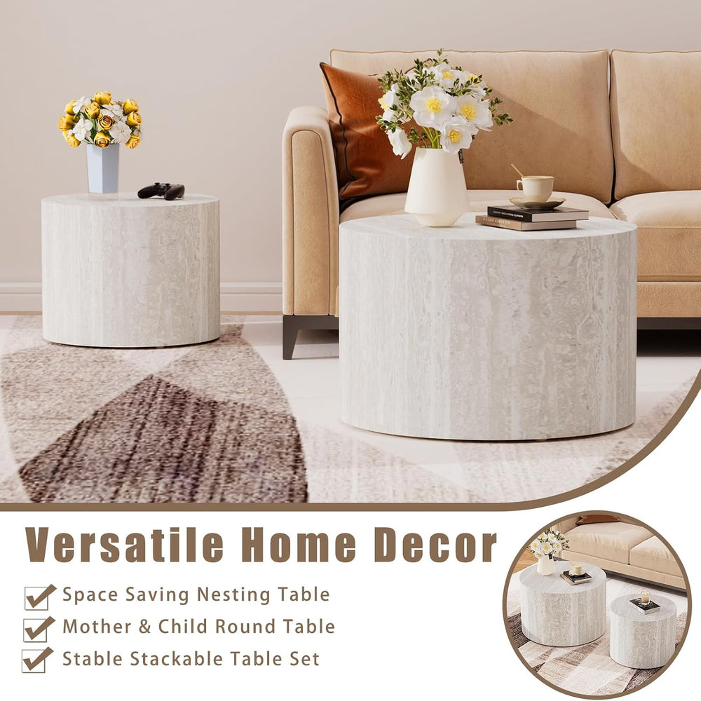 Nesting Coffee Table Set of 2 (C Light Beige Travertine) | Modern Round Coffe...