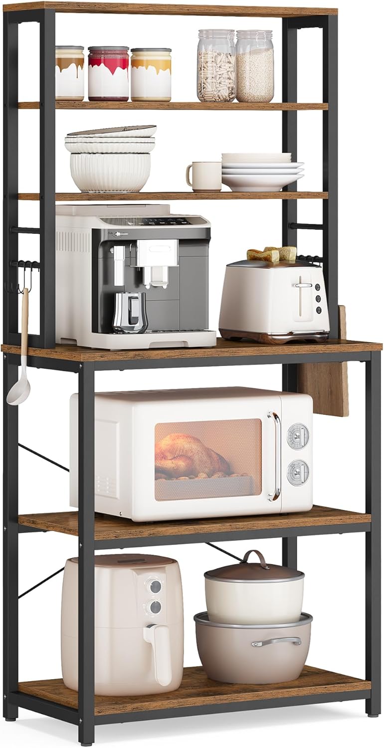 VASAGLE Coffee Bar, 23.6 Inches Baker's Rack for Kitchen with Storage, 6-Tier Kitchen Shelves with 6 Hooks, Microwave Stand, Industrial, Rustic Brown and Ink Black UKKS024B01