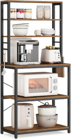 VASAGLE Coffee Bar, 23.6 Inches Baker's Rack for Kitchen with Storage, 6-Tier Kitchen Shelves with 6 Hooks, Microwave Stand, Industrial, Rustic Brown and Ink Black UKKS024B01