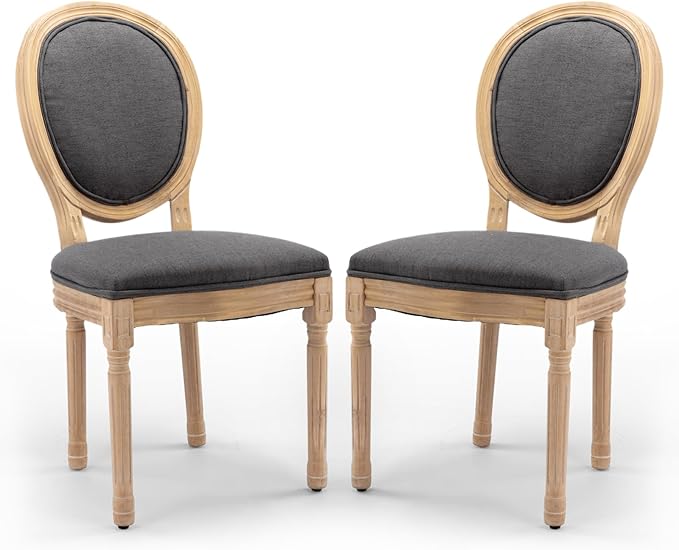 Upholstered Dining Chairs Set of 2 French Country Oval Fabric Back Kitchen Side Chair with Wood Legs for Dining Room, Kitchen, Restaurant(Dark Grey-Fabric)