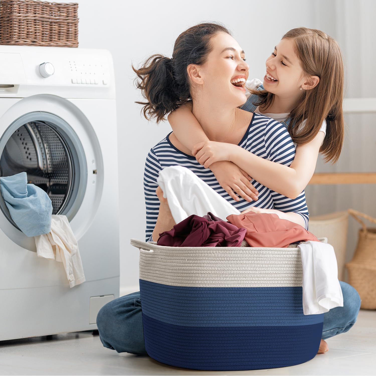 Maliton Woven Rope Blanket Basket Living Room, Storage Basket for Toy, 90L | 22x22x14 cotton rope basket. Holds blankets, toys & towels & laundry. For bedroom, nursery, bath & playroom. Soft & durable.