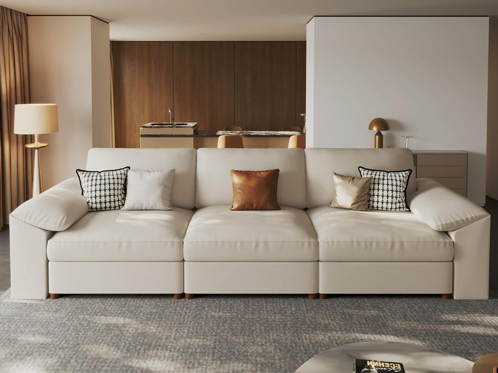 EASE MOOSE Sectional Faux Leather Sofa, Scratch Resistant Couch, 3-Seater Oversized Modular Sofa, Modern Comfy Sofas Deep Seats for Small Spaces, Beige