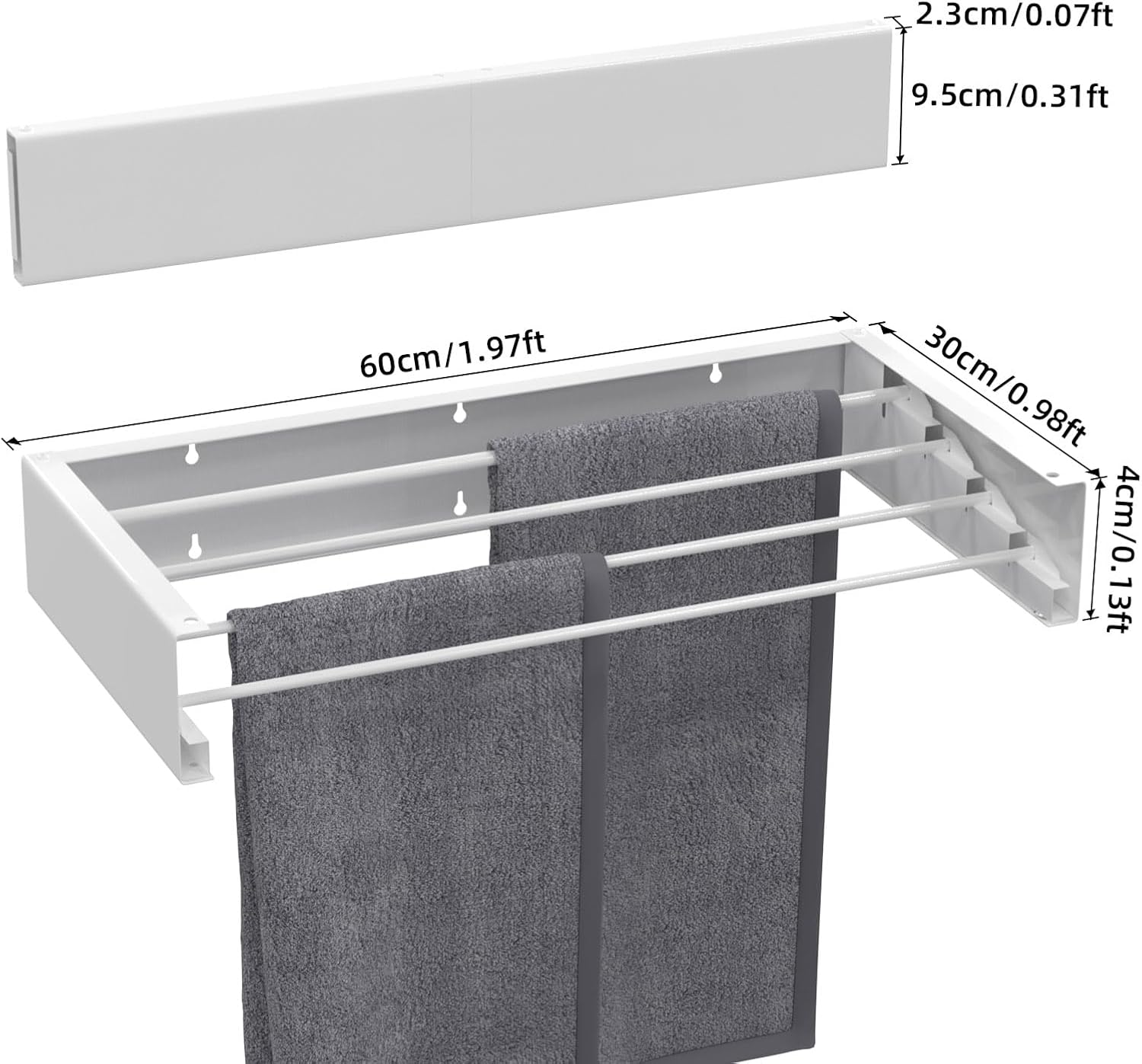 Wall Mounted Drying Rack for Laundry 23.6'', Folding Drying Rack Clothing Wall Mount with 4 Rods, Space Saving for Indoor Outdoor Bathroom Balcony (White, 23.6'')