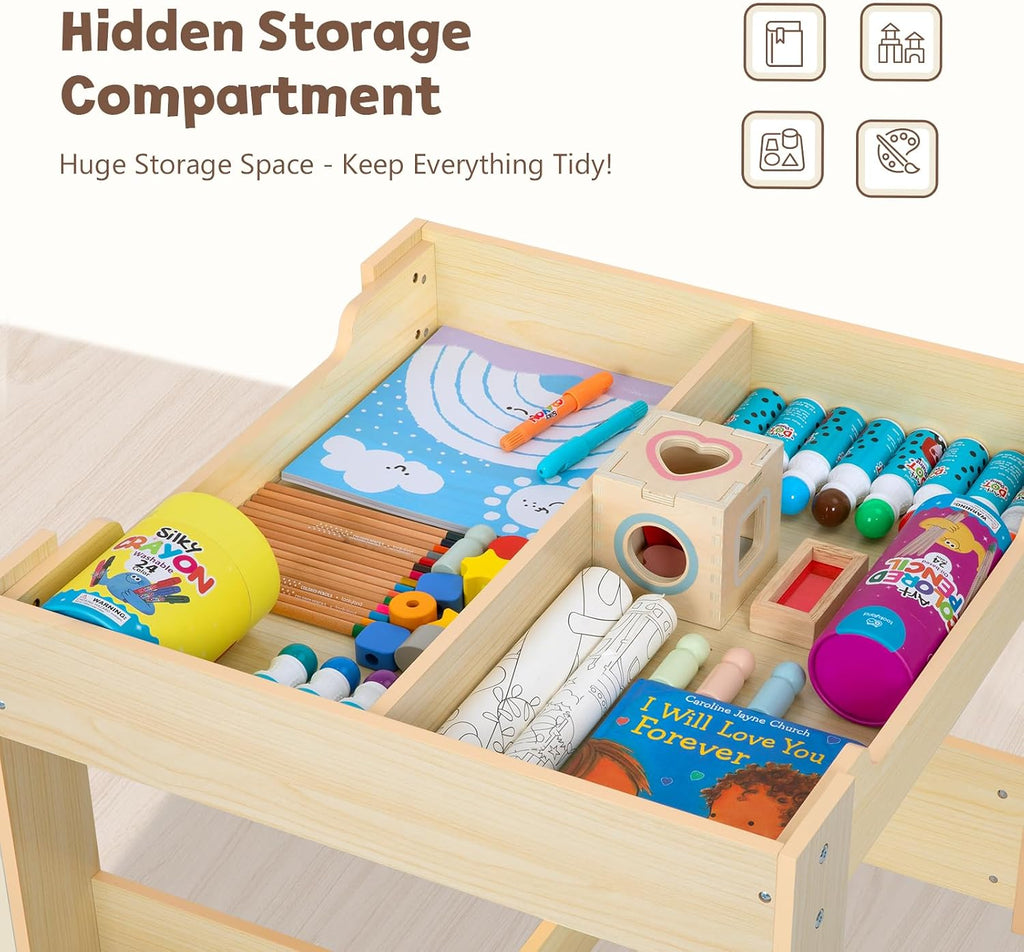 OOOK 4 in1 Kids Table and Chair Set with Storage Drawer and Book Rack | Wood Kids Craft Table with Whiteboard, Blackboard, Detachable Tabletop, Activity Table for Classroom