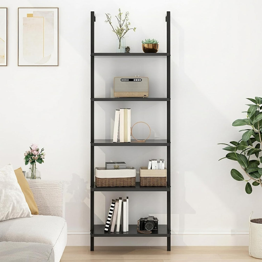 5-Tier wall Mounted Bookshelf, Ladder Shelves, Metal Frame & Wood Board, Decorative Shelving, Narrow Ladder Bookcase, Open Storage, Mordern Leaning Bookshelf for Bedroom, Living Room, Office, Black