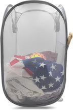 HONOMA Sturdy Mesh Laundry Hamper Basket Bag,Pop up Basket with Side Pocket for Laundry Room, Bathroom, Kids Room, College Dorm or Travel (Pop Vertical, Grey)