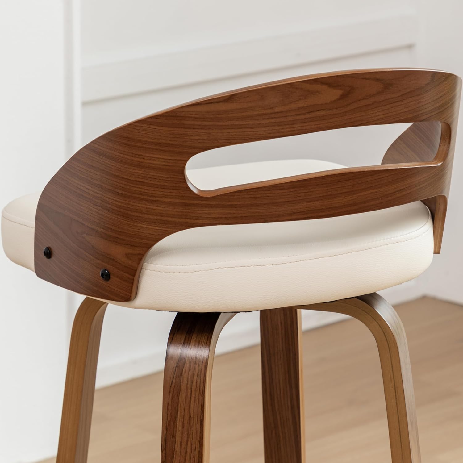 Counter Height Bar Stools, Mid Century Counter Stools with Walnut Finish | Natural Bentwood Frame, Easy-Grip Handle,Low Back, Upholstered Faux Leather, Kitchen Counter Stools for Kitchen, Pub, Cafe
