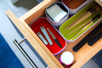 Three by Three Seattle 5 Piece Shallow Metal Organizer Tray Set for Storing Makeup, Stationery, Utensils, and More in Office Desk, Kitchen and Bathroom Drawers (1 Inch, Assorted Colors)