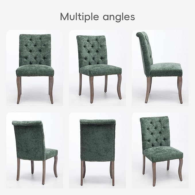 Upholstered Tufted Chenille Dining Side Chairs, Armless Nailhead Trim Chairs with Solid Wood Legs, Modern Farmhouse Chairs for Dining Room, Kitchen & Living Room (Set of 4, Olive Green)