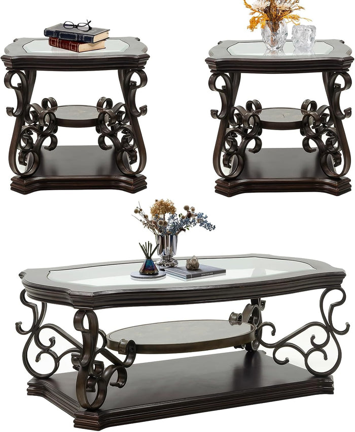 3 Piece Retro Coffee Table Set, Mid Century Modern Living Room Table Set, Traditional 3-Tier Coffee Table and 2 End Tables with Tempered Glass Top & Storage Shelf for Living Room Home Office