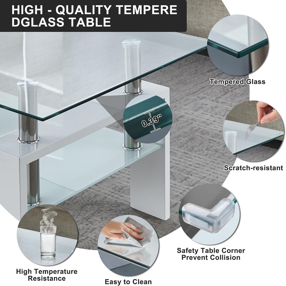 Rectangle Glass Coffee Table Set of 3,2-Tier Modern Glass Living Room Set Inc...