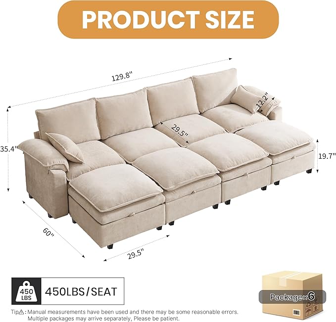 130" U Shaped Modular Sectional Sofa, Couch with Ottoman Storage, Chenille Cloud Couch with Plush Deep Seating for Living Room, Bedroom (Beige, 8 Seat)
