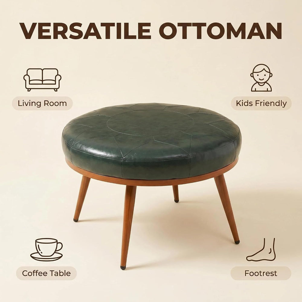 Green Round Ottoman Coffee Table, 24-Inch Faux Leather Cushioned Footstool wi...