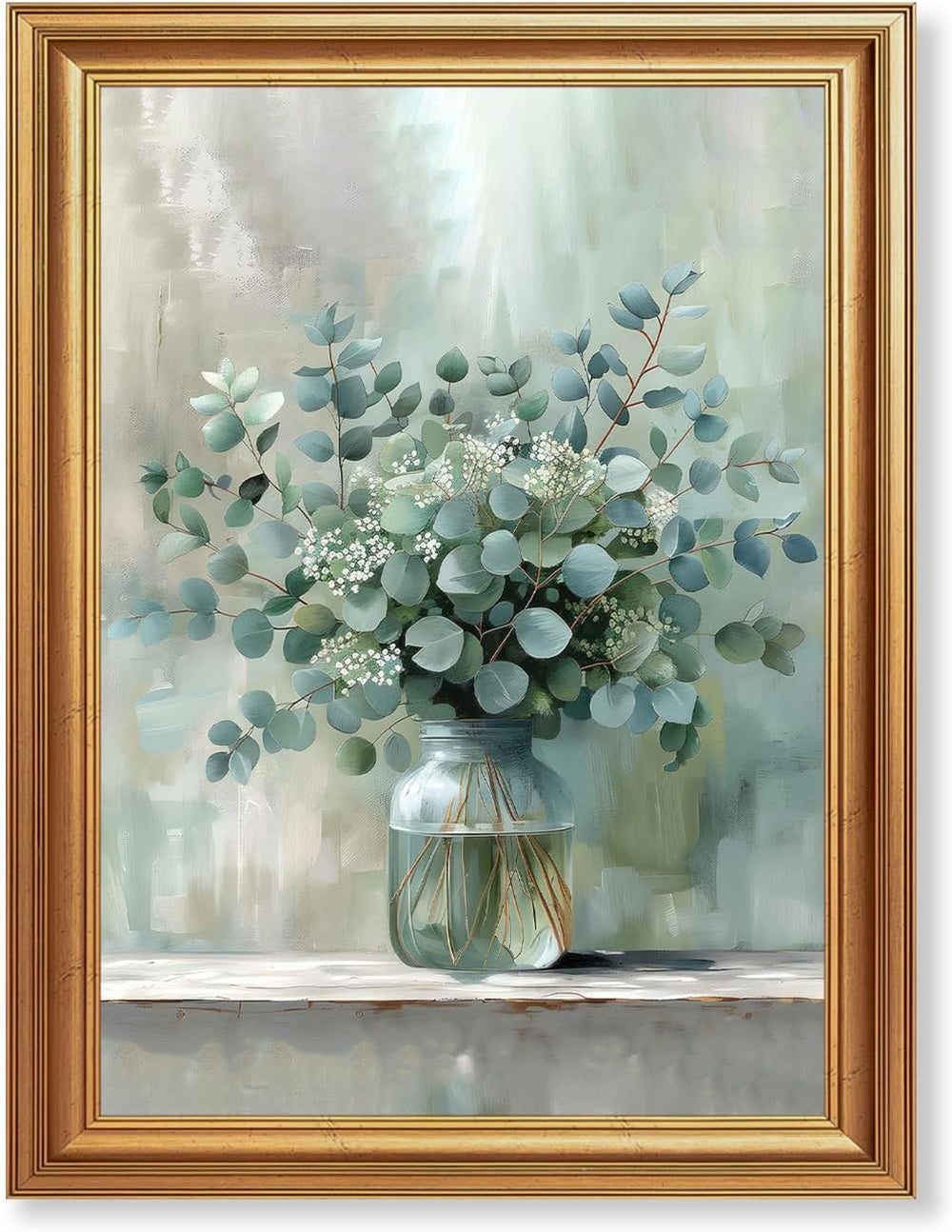 EJPFOGV White Flowers Eucalyptus Still Life Framed Canvas Wall Art 12x16 in
