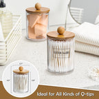 3 Pack Qtip Holder Dispenser with Bamboo Lids - 10 oz Clear Plastic Apothecary Jar Containers for Vanity Makeup Organizer Storage - Bathroom Accessories Set for Cotton Swab, Ball, Pads, Floss