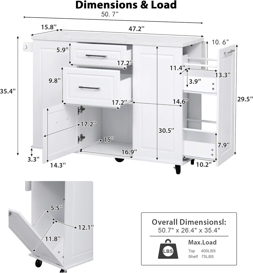 50.7" Kitchen Island with Drop Leaf Storage for Trash Can White