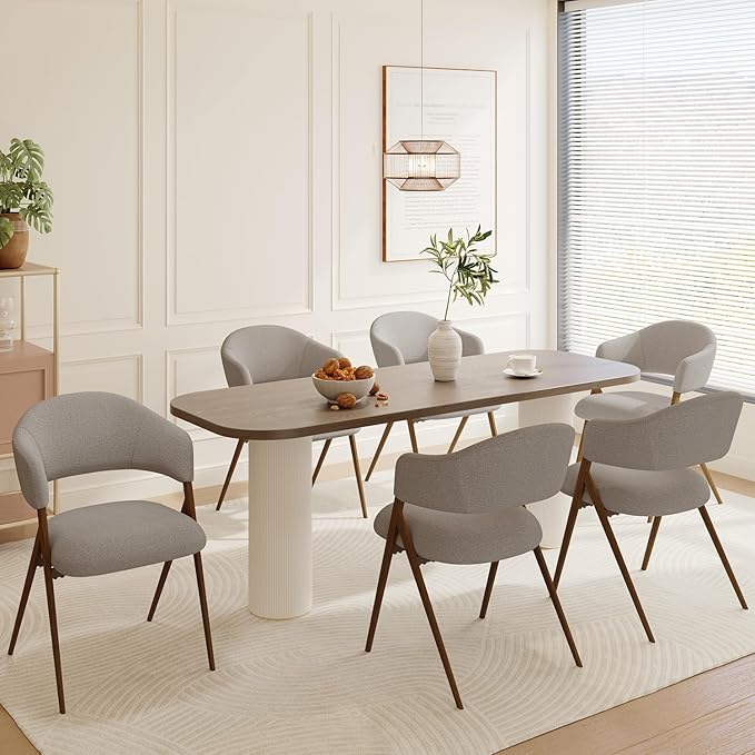 Dining Room Chairs Set of 6, Upholstered Dining Room Chairs, Mid Century Fabric Kitchen Chairs with Curved Backrest and Metal Legs, Taupe
