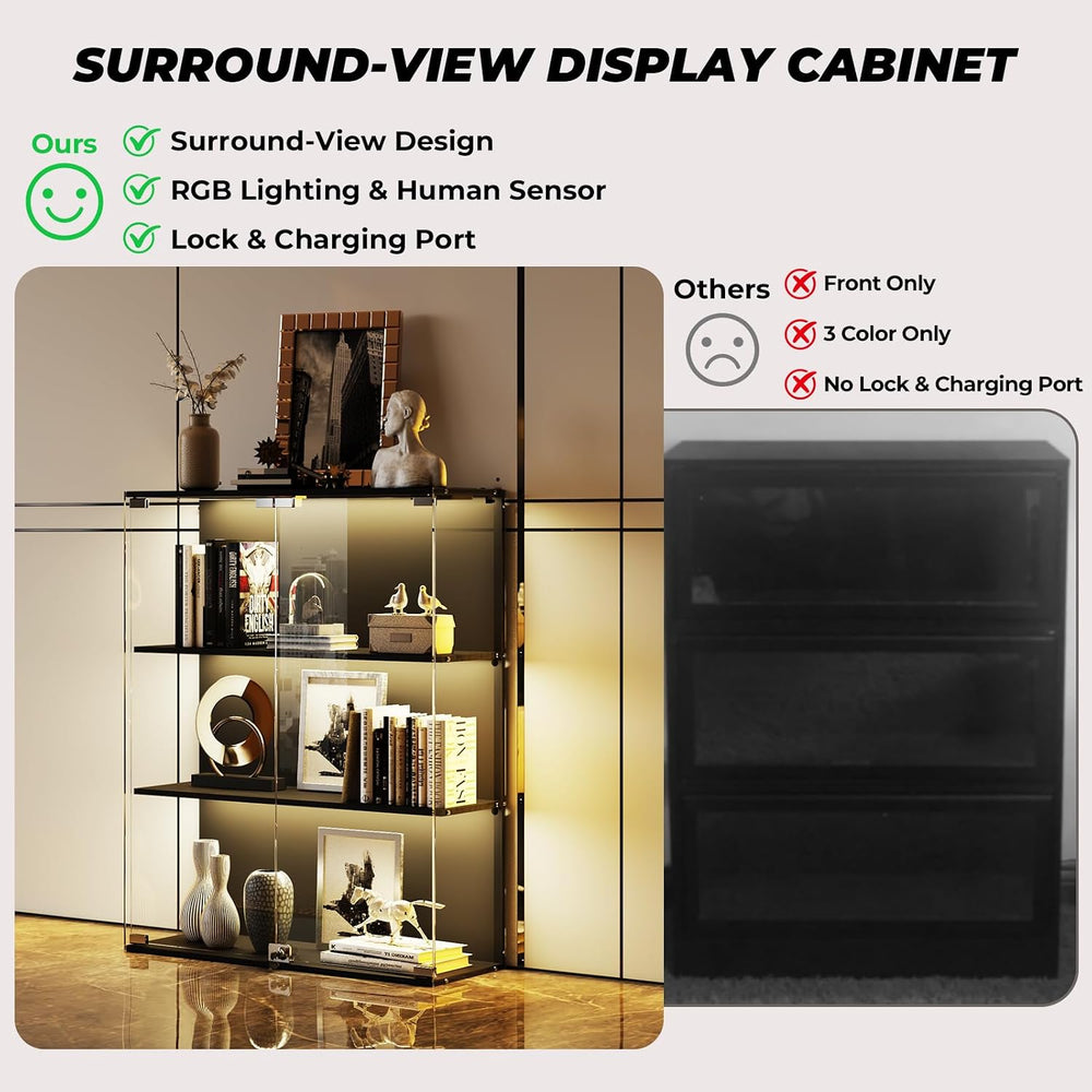 VersionTECH. Glass Display Cabinet with RGB LED Lights, Full-View Display, 3-...