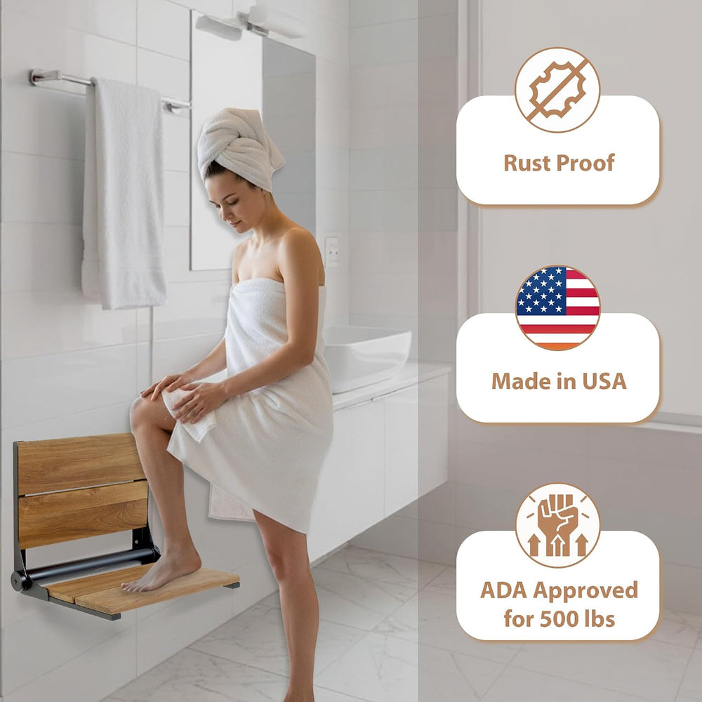 Teak Shower Seat - Type 304 Stainless Steel/Contoured 1" Natural Wood Sl...