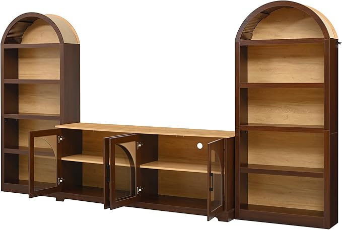 3-Piece Retro TV Stand Set with Bookshelf, Entertainment Center with Arched Design for TVs up to 70'', Farmhouse Media Console with Tempered Glass Doors for Living Room, Walnut