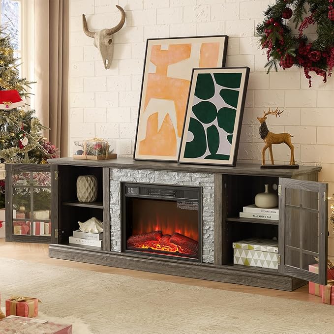 TV Stand with Electric Fireplace & Storage Cabinet, Entertainment Center with 2 Glass Door, Faux Stone Media Console Table for Living Room (Grey,70" with Fireplace)