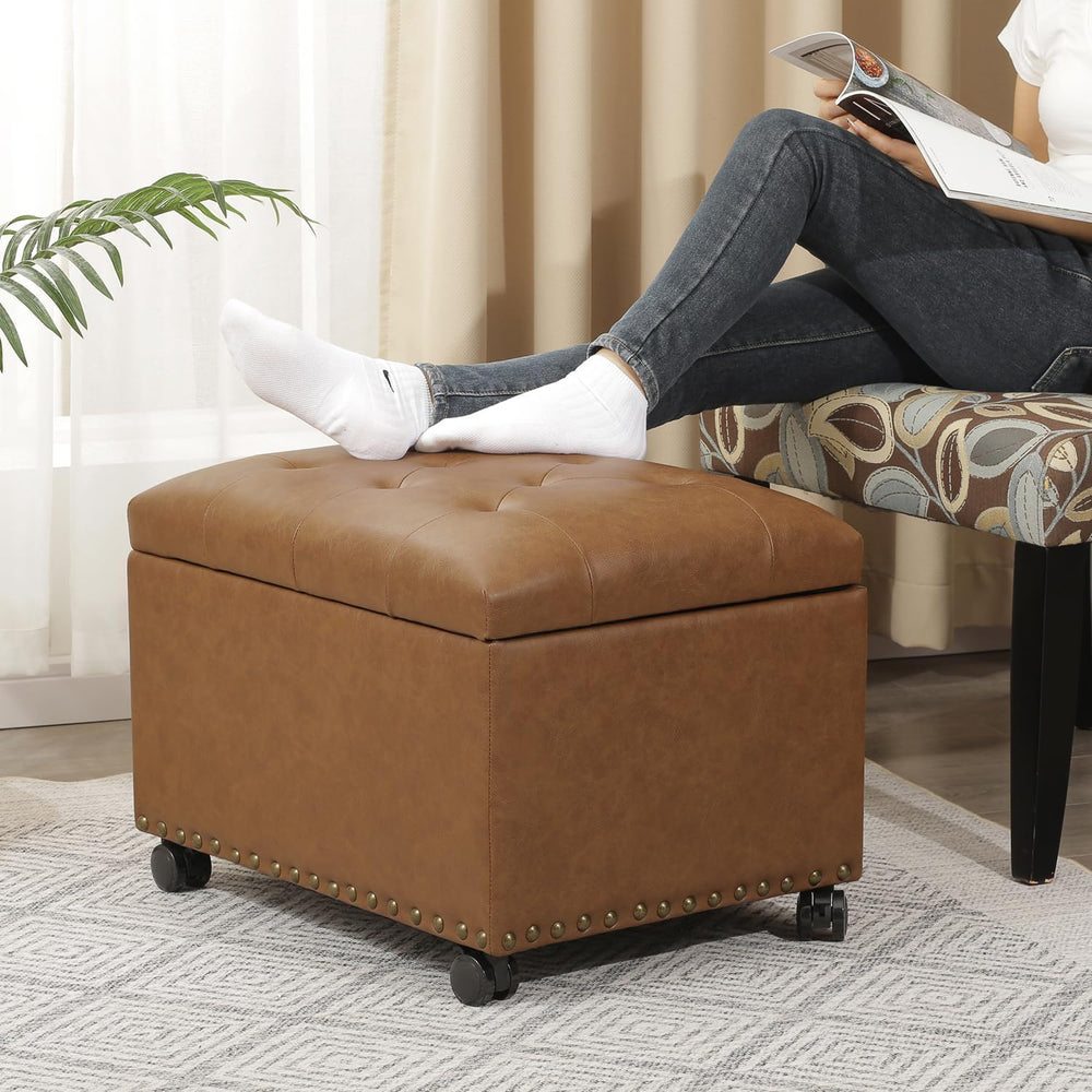 Leather Storage Ottoman,24’’Foot Rest Ottomans with Wheels and Hinged Lid Rec...