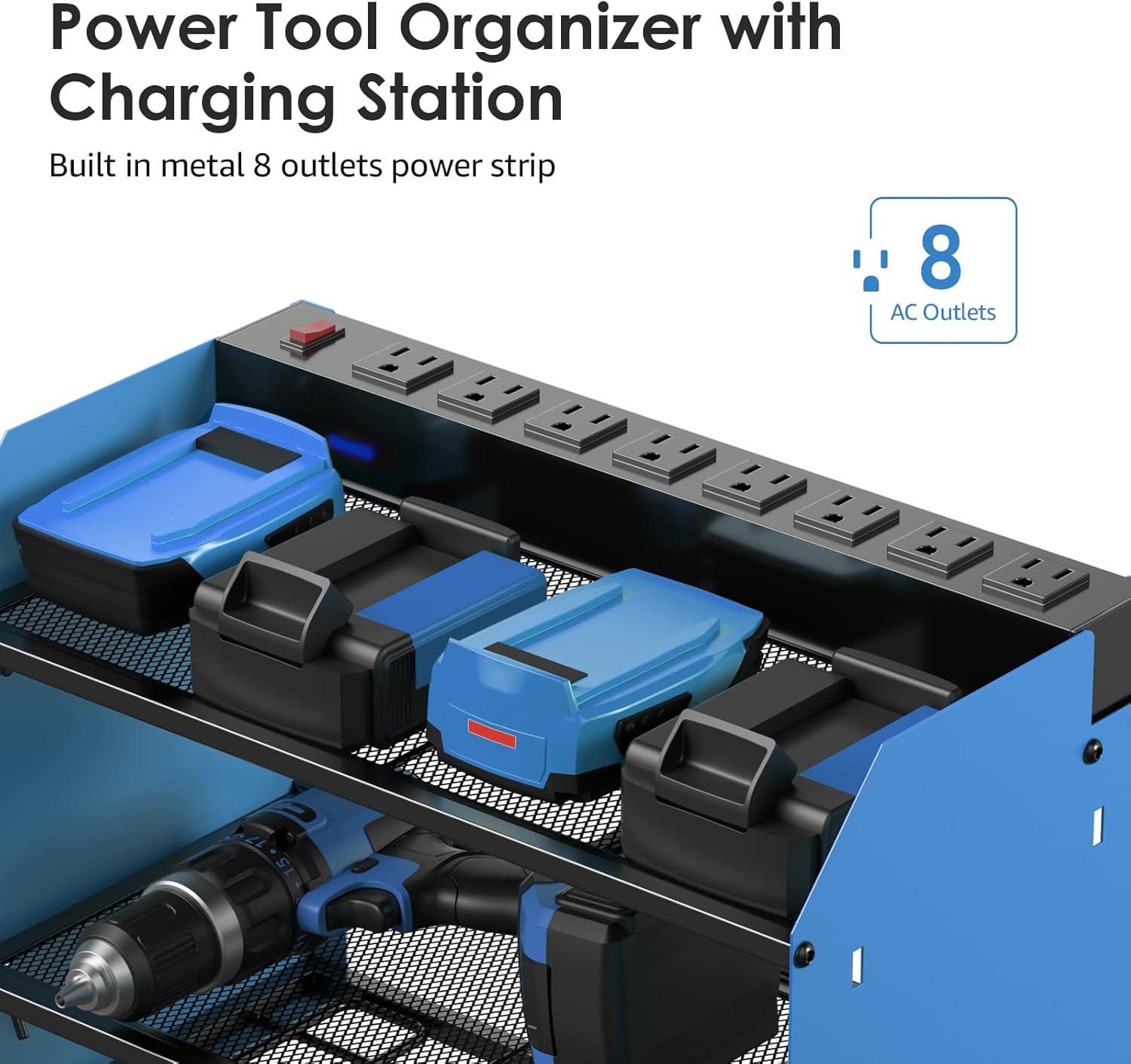 CCCEI Modular Power Tool Organizer Wall Mount with Charging Station. Garage Drill Storage Shelf with Hooks, Heavy Duty Rack, Tool Battery Holder Built in 8 Outlet. Gift for Men. Blue, 1 Pack.