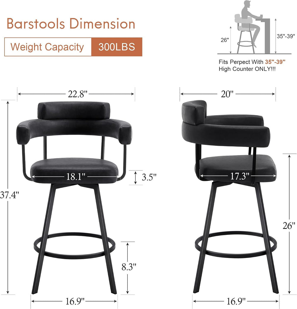 Swivel Counter Height Stools Set of 2, 26‘’ Kitchen Bar Stools with Arm Rest,...