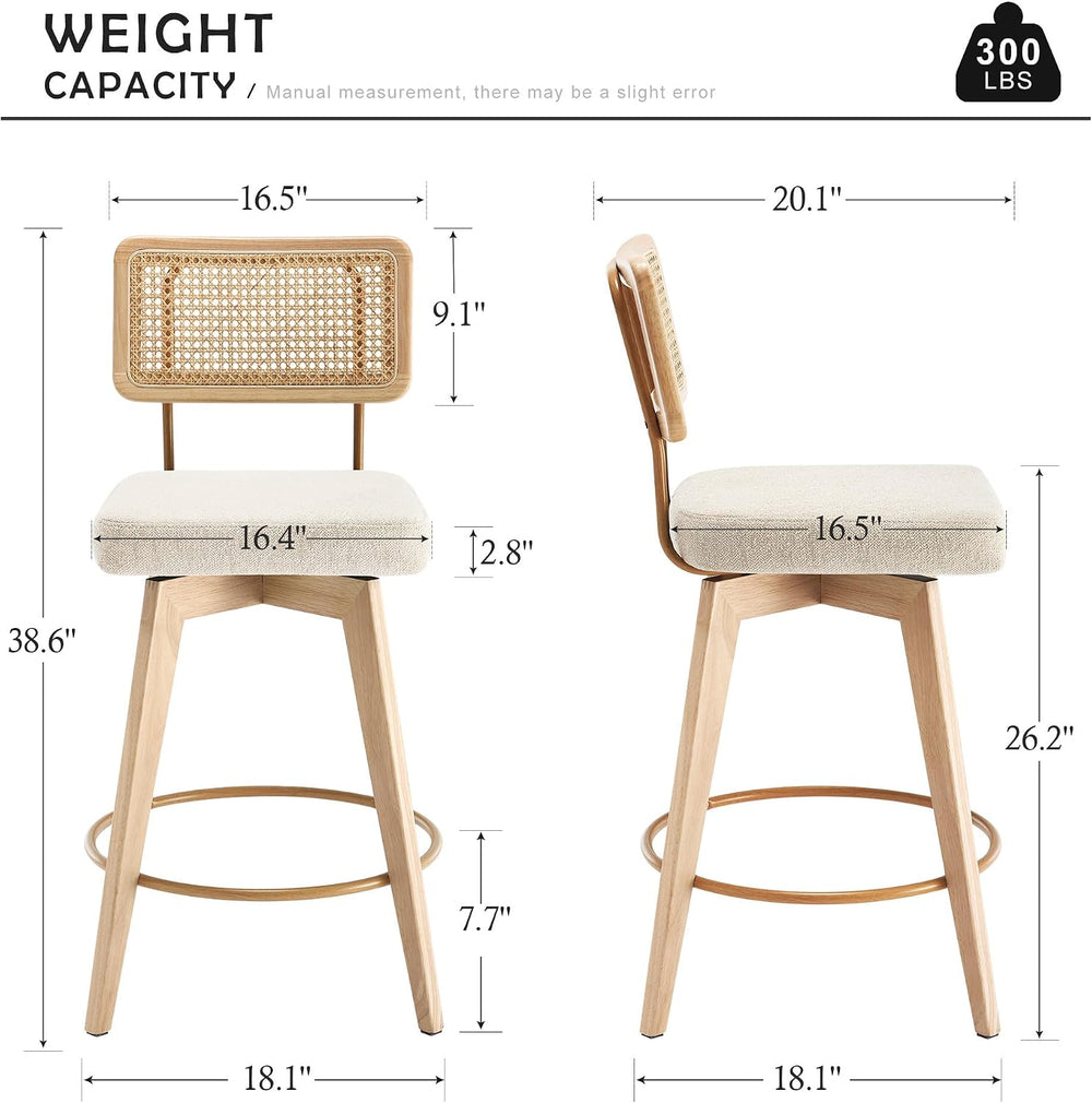 26" Swivel Boho Bar Stools Set of 2, Solid Wood, Rattan, Beige